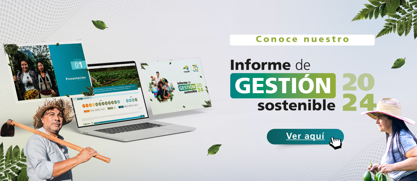 Campesina y campesino y un computador portátil que muestra un documento